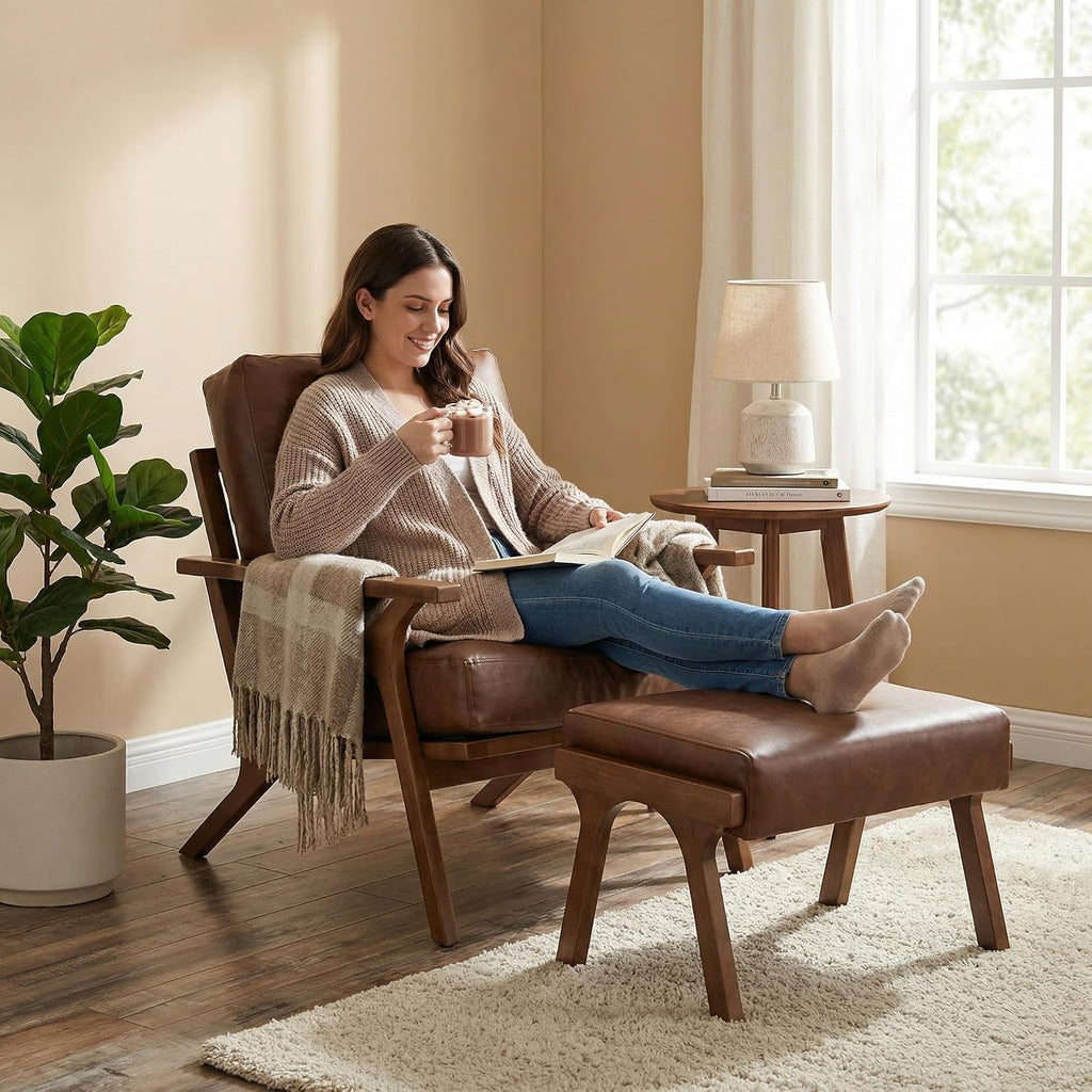 Mid Century Arm Chair, Retro Accent Armchair with Wood Frames & Faux Leather Upholstered Removable Cushions, Leisure