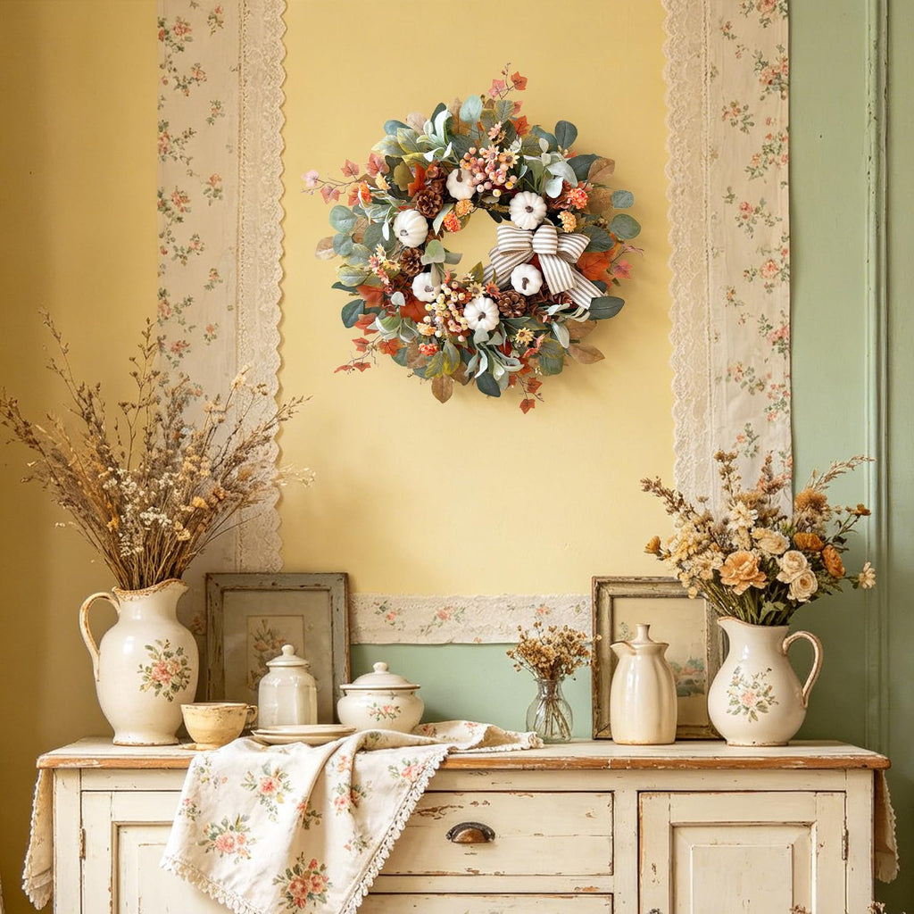 24 Inch Farmhouse Fall Wreath for Front Door with White Pumpkin