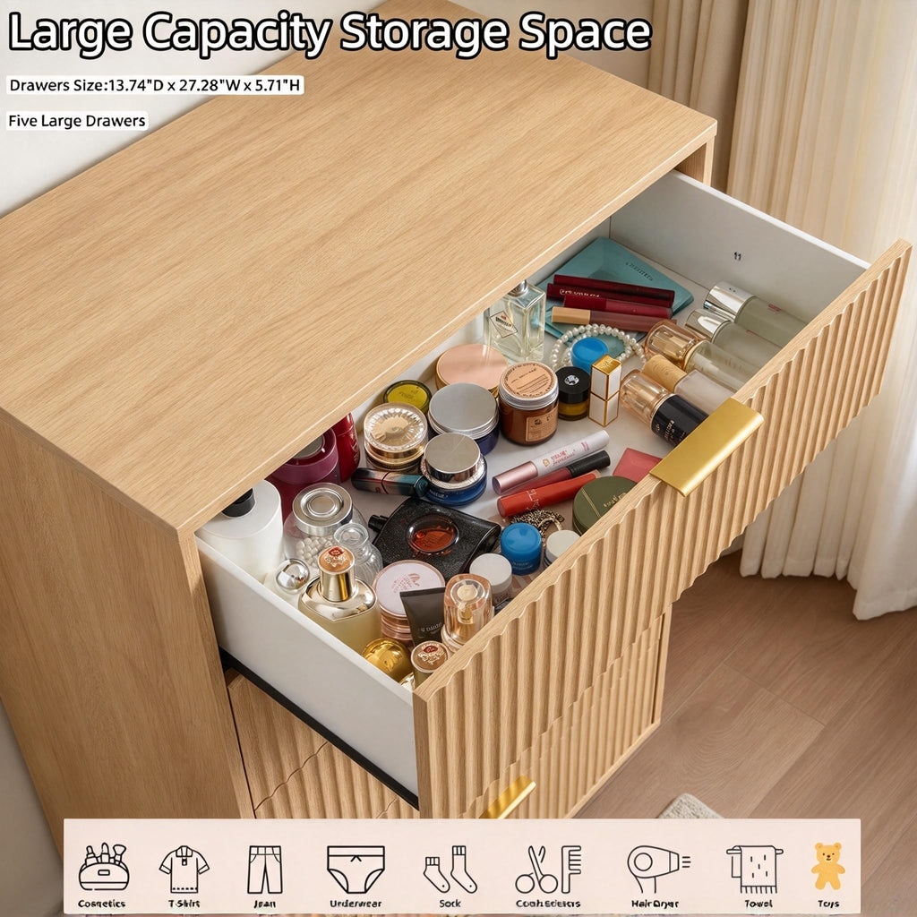 Fluted 5 Drawers Bedroom Dresser, 48" Tall Chest of Drawers Gold Handle, Oak