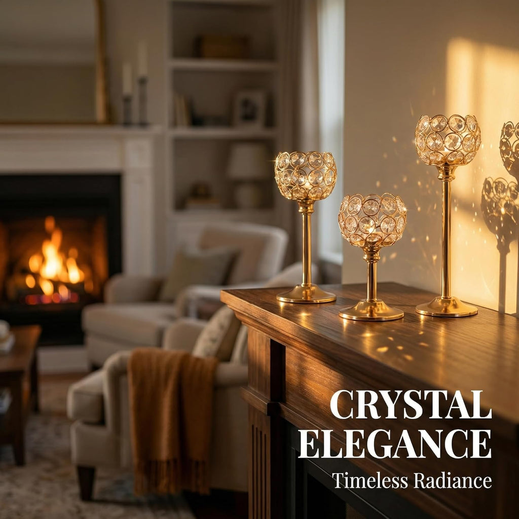 Crystal Candle Holders 2 Set of 6 - Gold Vintage Hollow Ball Candle Stand for Table Centerpiece, Crystal Metal