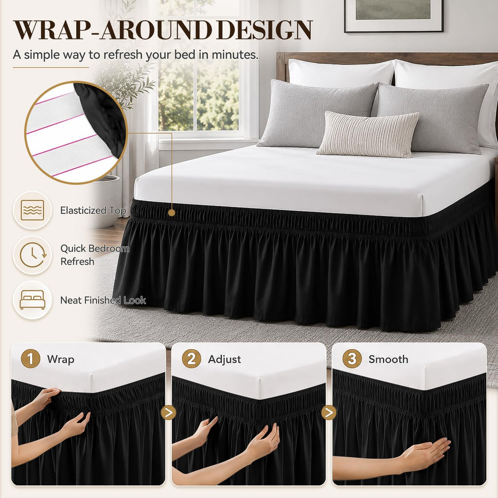 Black King Bed Skirt 14 Inch Drop, Elastic Wrap Dust Ruffle