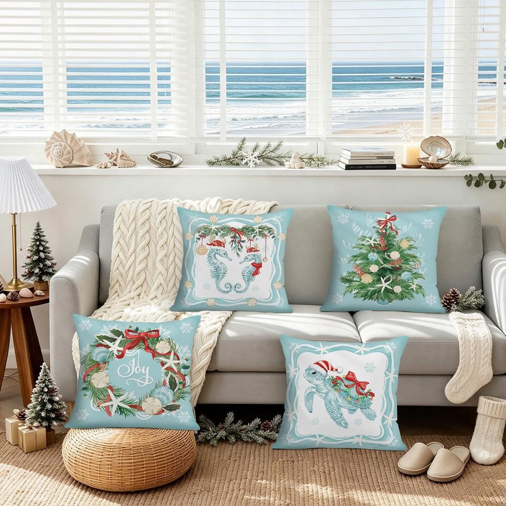 Christmas Coastal Throw Pillow Covers 18x18 Inches - Set of 4