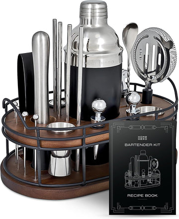 Bartender Kit - 22-Piece Cocktail Shaker & Bar Tool Set - Wooden Stand Display & Bar Cart Accessories - Recipe Book &