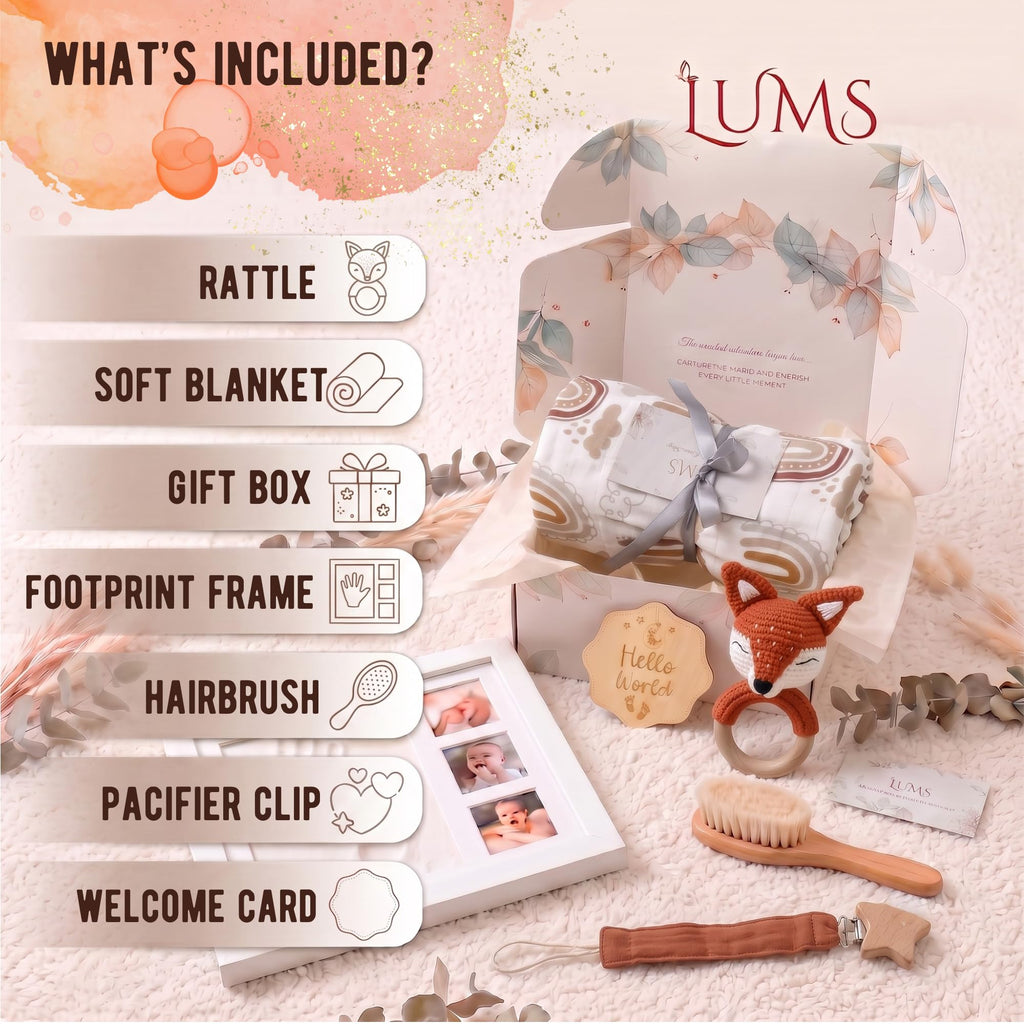 Baby Gift Basket - Newborn Gift Set 6 Pieces: Bamboo Blanket, Footprint Frame, Rattle, Comb, Pacifier Clip &