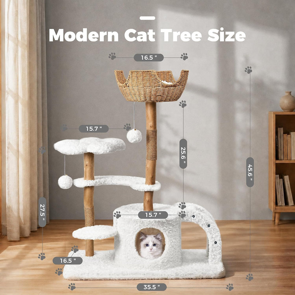 Modern Cat Tree, 45.6" Aesthetic Wood Cat Tree Tower for Large Cats, Luxury Cat Condo with Scratching Posts