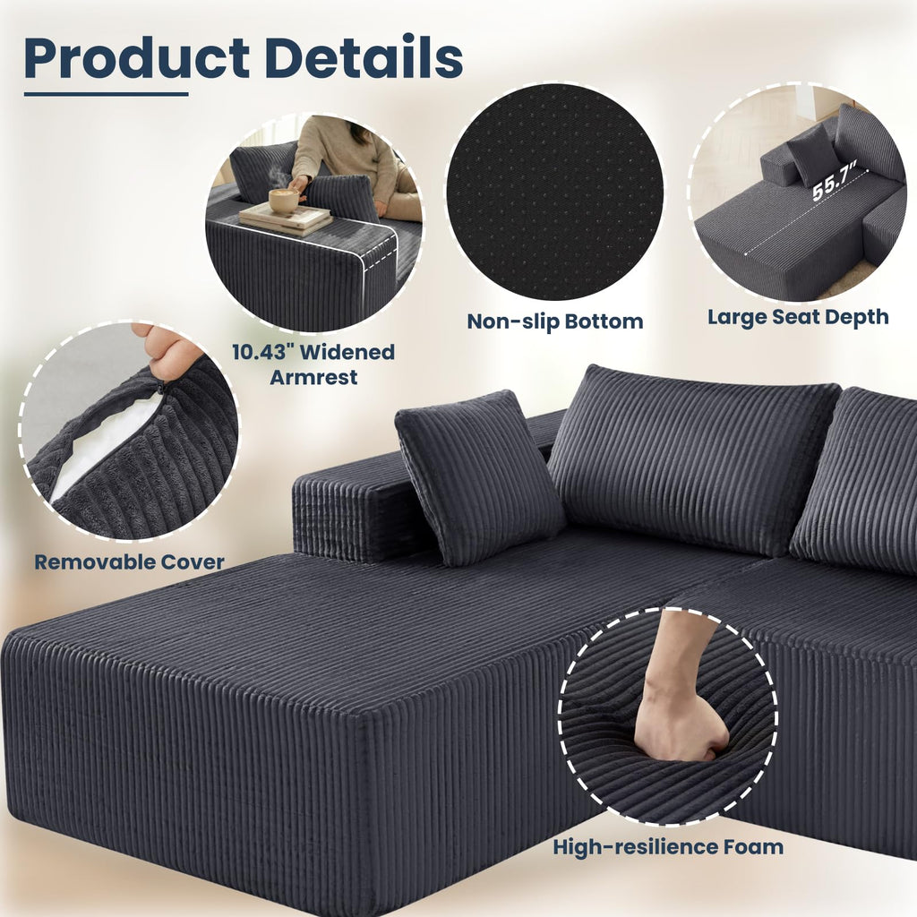 105" Modular Sectional Boneless Couch, Left Chaise L-Shaped Couch