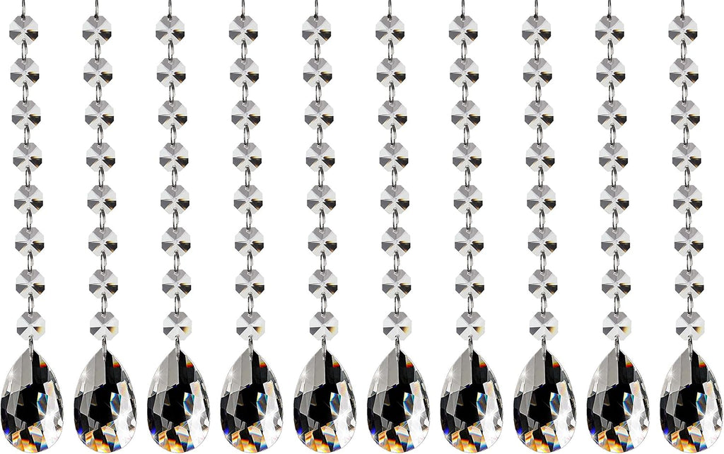 10Pcs 1ft Teardrop Crystal Strands, Hanging Beads Chain Garland, Chandelier Pendants Parts Glass Beads (50mm, Clear)