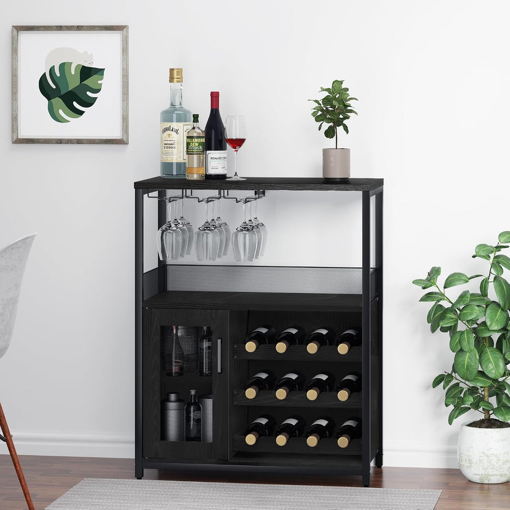 Vintage 3-Tier Wine Bar Cabinet-Small Buffet Sideboard with Adjustable Shelves,Glass Holders,Mesh Door &