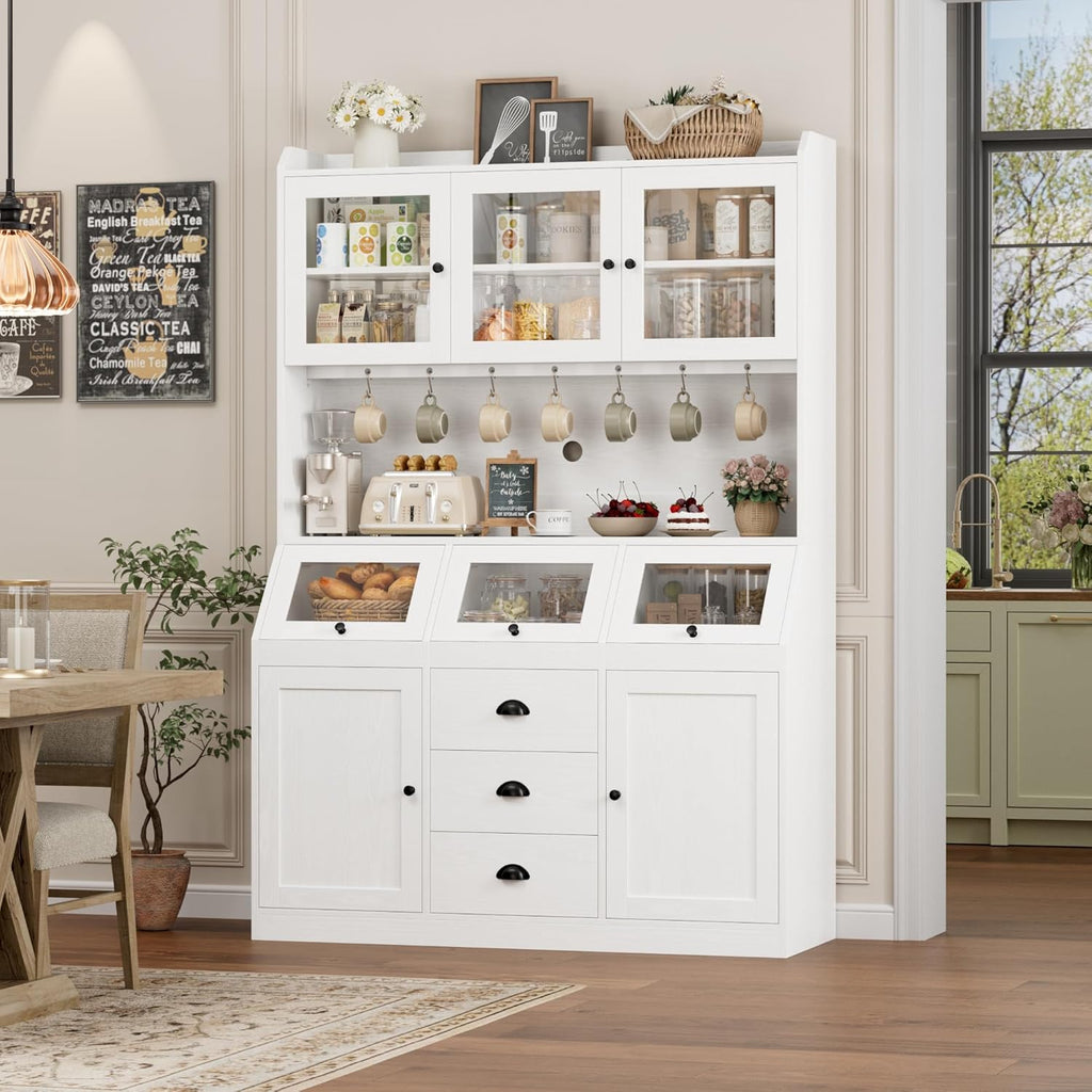 71.4" H Kitchen Hutch Pantry Cabinet with 3 Bread Boxes&7 Metal Hooks | Farmhouse Kitchen Hutch Cabinet with Storage