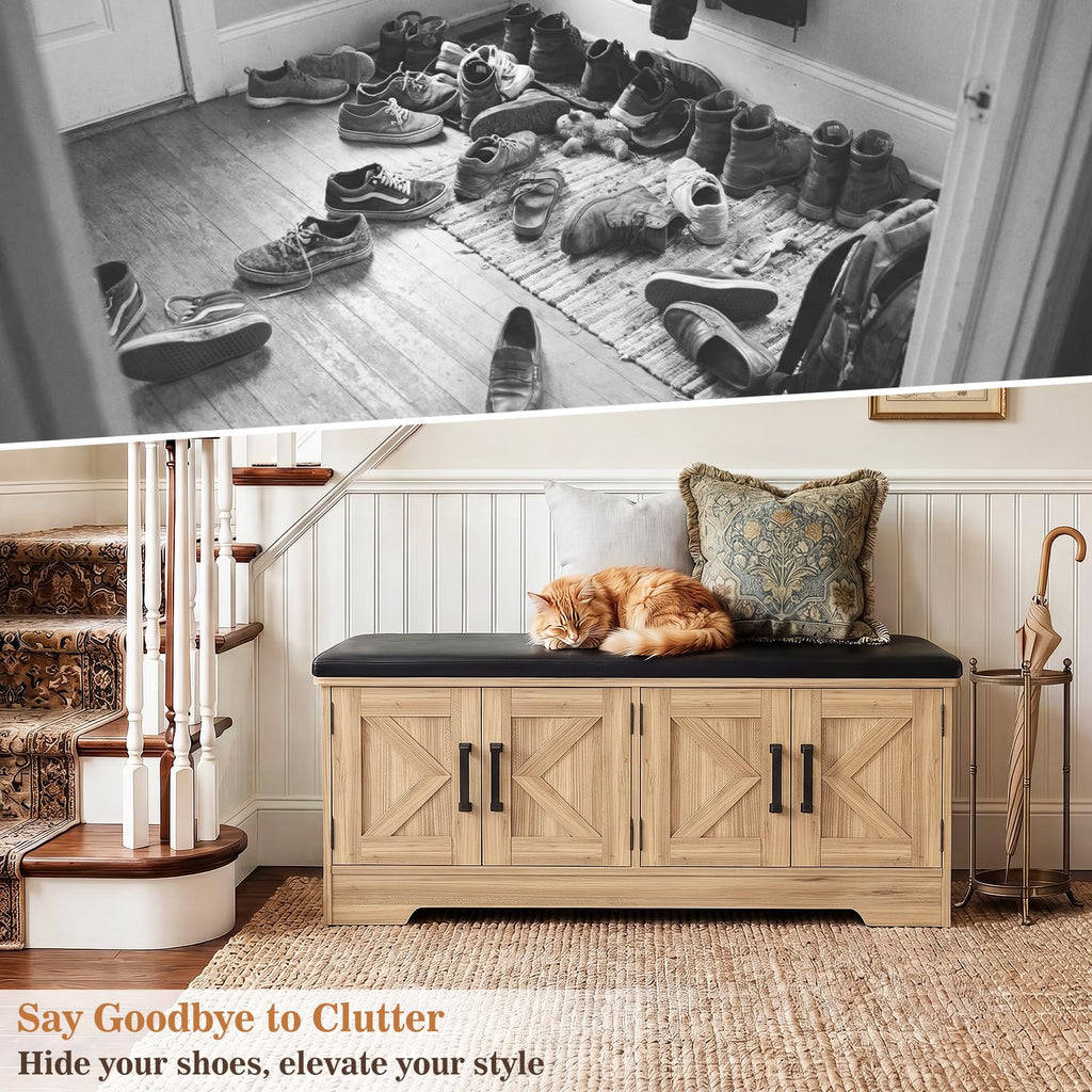 43.3" Farmhouse Shoe Storage Bench with Cushion