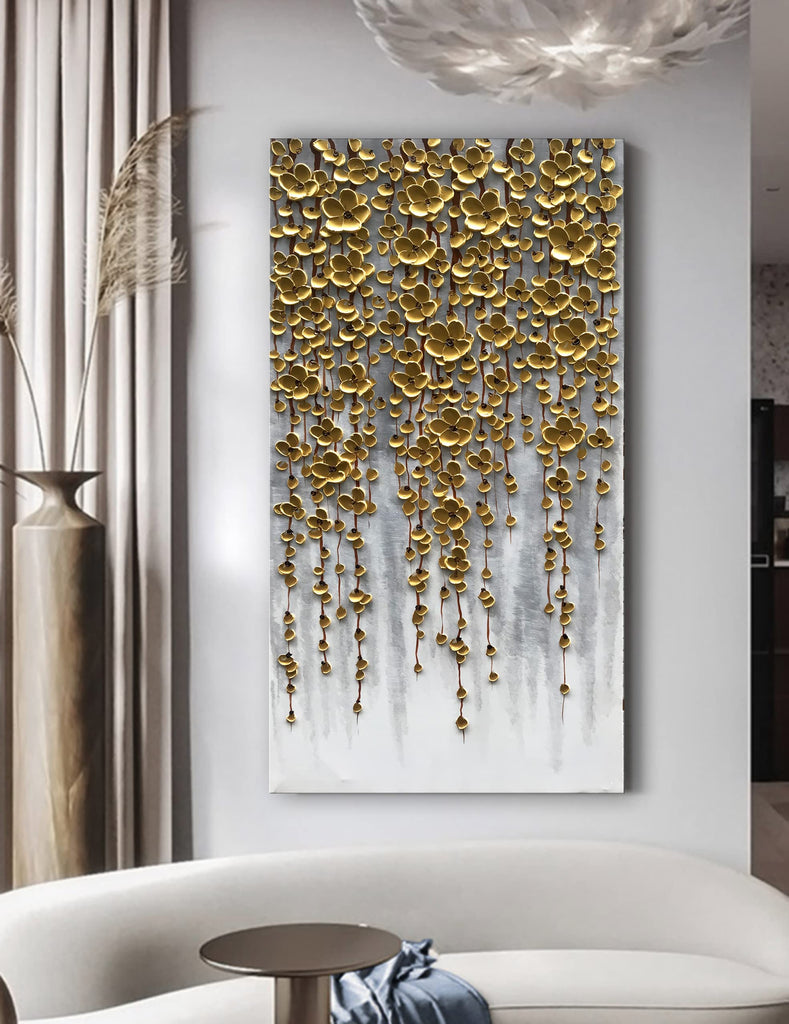 3D Vertical Abstract Canvas Oil Painting Wall Art, 116x57cm Golden Flower Painting Wall Art, Home Living Room Wall