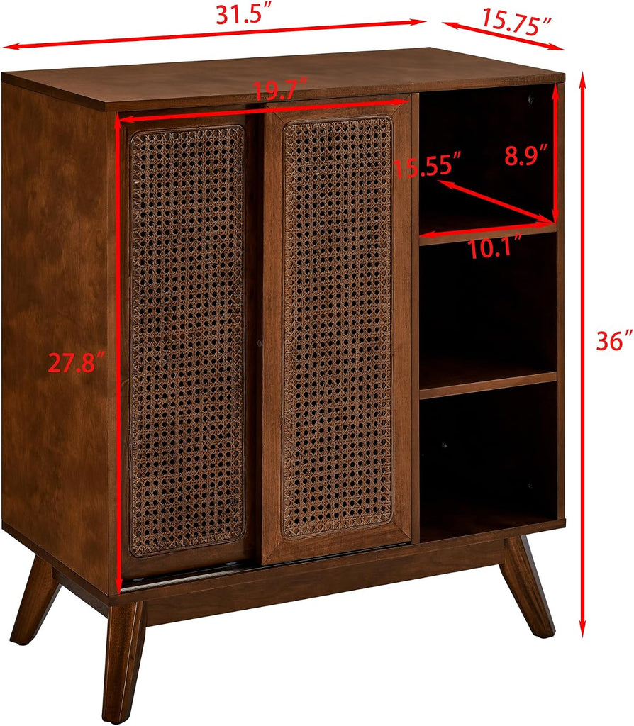Mid Century Modern Small Rattan Sideboard Buffet Storage Cabinet | Real Wood Veneer Mid Century Storage Cabinet with