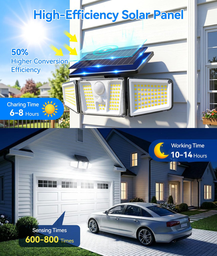 4 Pack Solar Flood Lights, 210 LED Motion Sensor Outdoor Lights, Solar Motion Lights Outdoor Waterproof, 3 Heads 300°