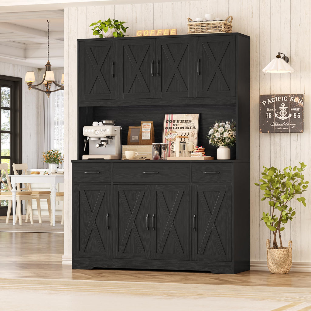 71" H Kitchen Pantry Cabinet, 55" Kitchen Hutch, Black Wood Grain