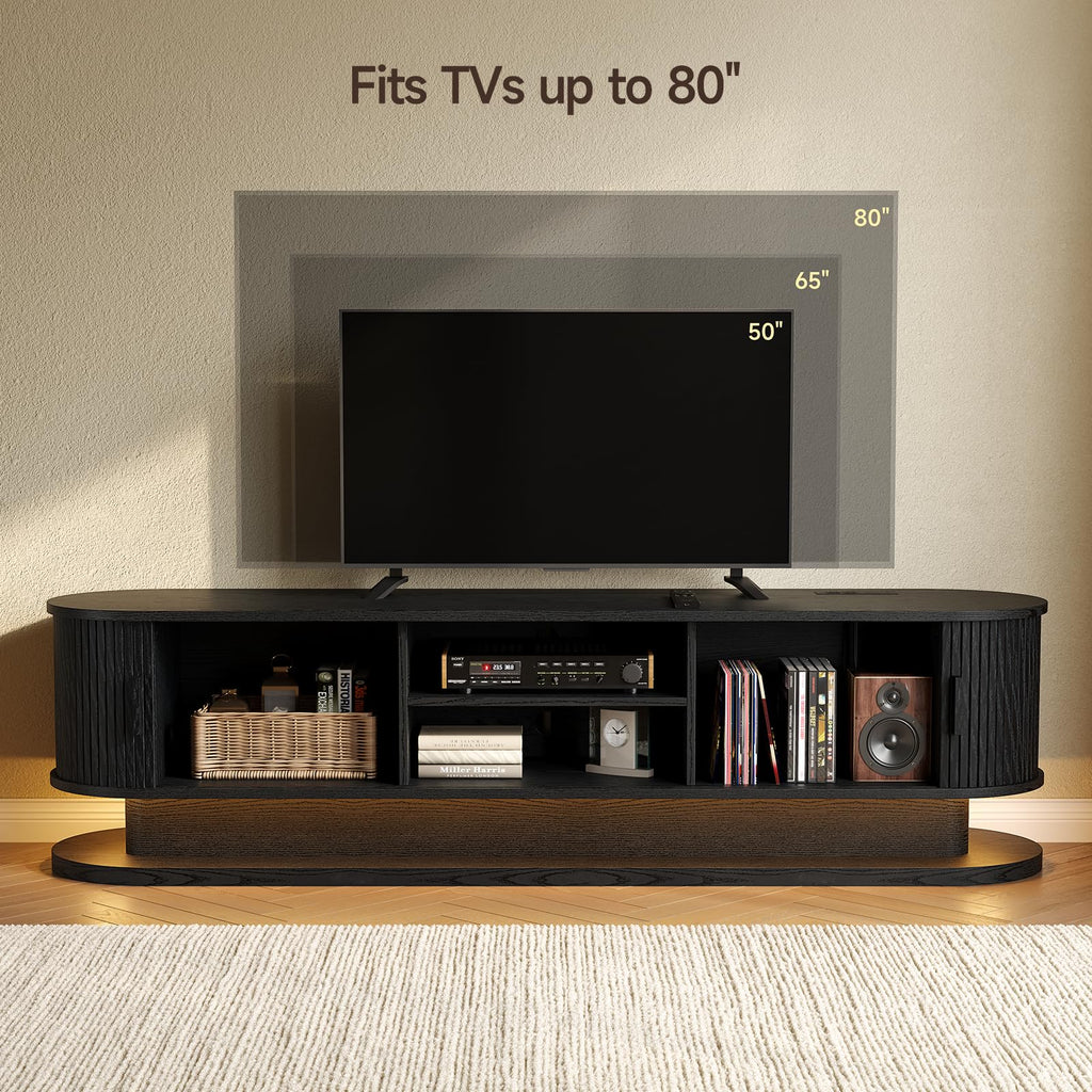 TV Stand with LED Lights and Power Outlet (Black, 70 Inches)