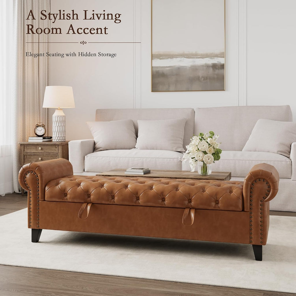67 Inch Faux Leather Storage Bench with Rolled Arms, Chesterfield Tufted Ottoman Bench with Nailhead Trim