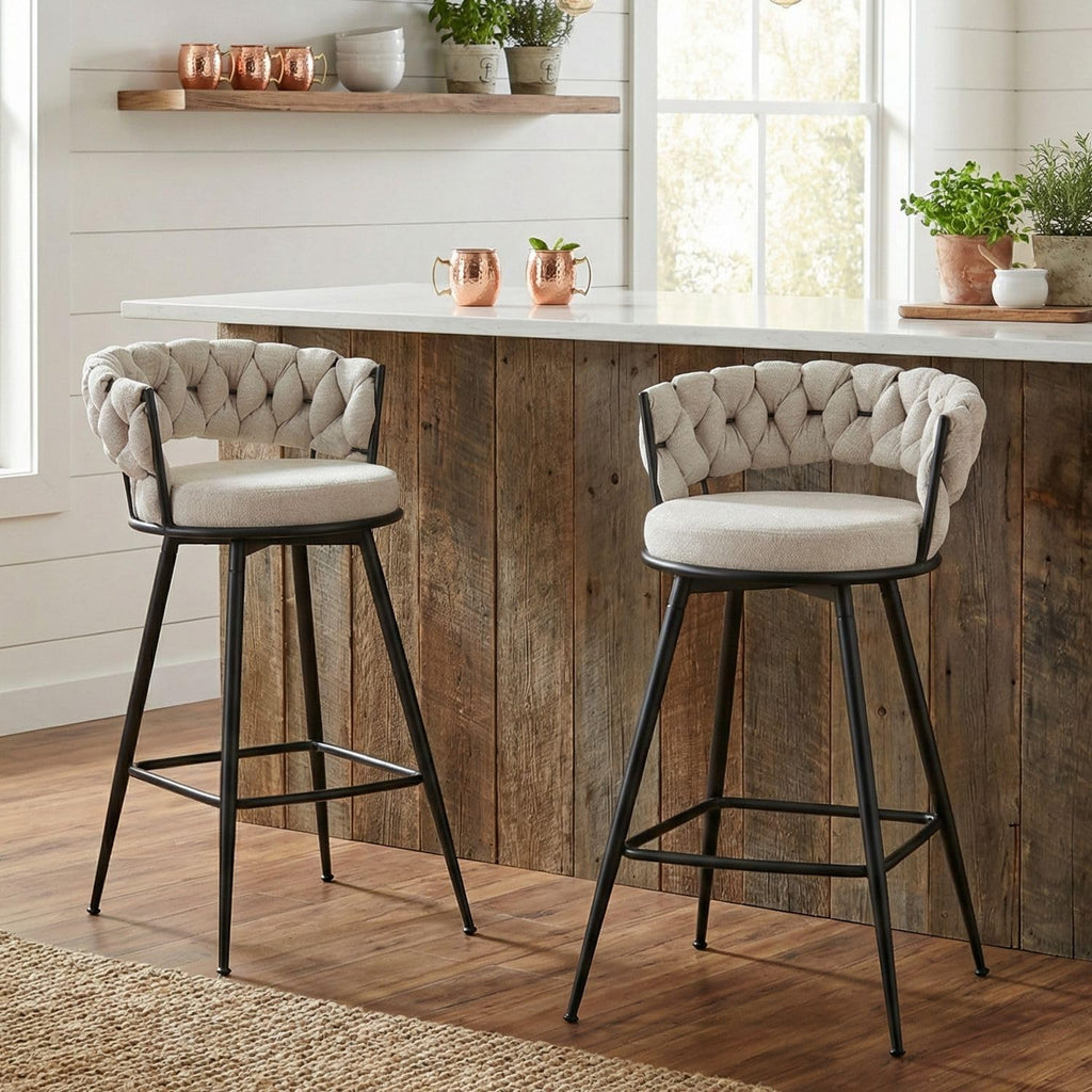 Bar Stools Set of 2, 28.7 inch Seat Height Bar Chairs, 360° Swivel Counter Height Barstools with Woven Back and Arm