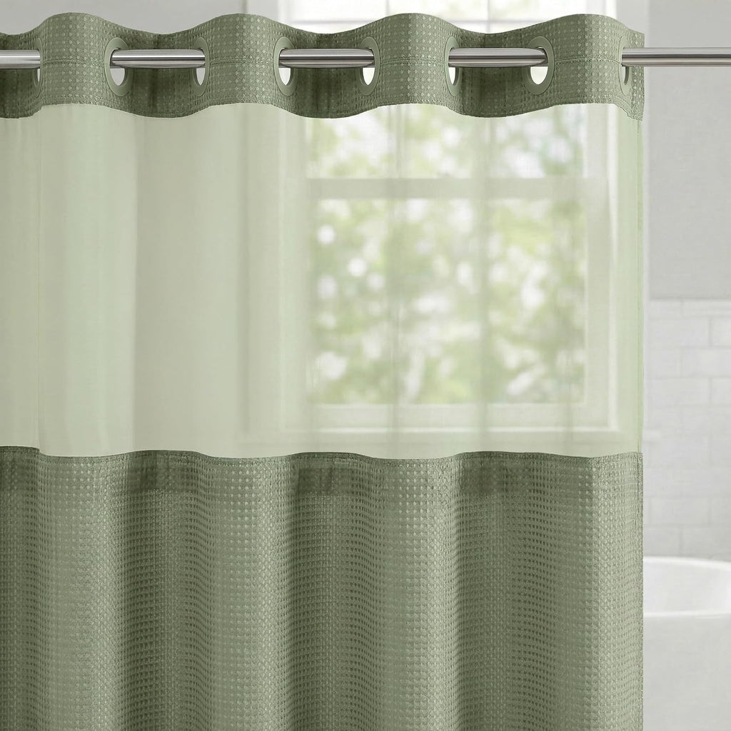 72x75 Hookless Waffle Pattern Shower Curtain - Water-Resistant Long Shower Curtain with Sheer Panel, Snap-in Liner
