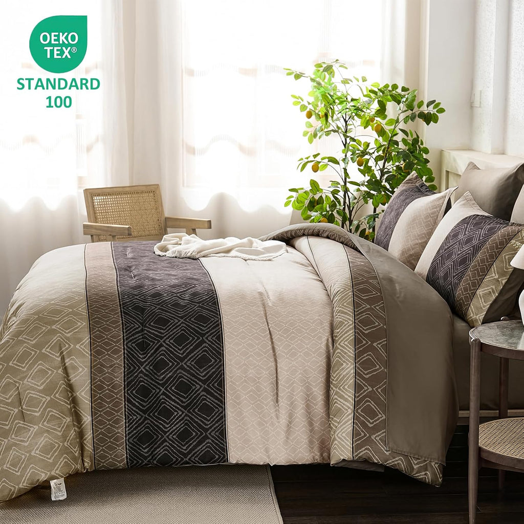 Dinjoy Boho Queen Comforter Set Light Brown,7 Piece Bed in a Bag Queen Warm Striped Bedding Sets with Plaid Fall