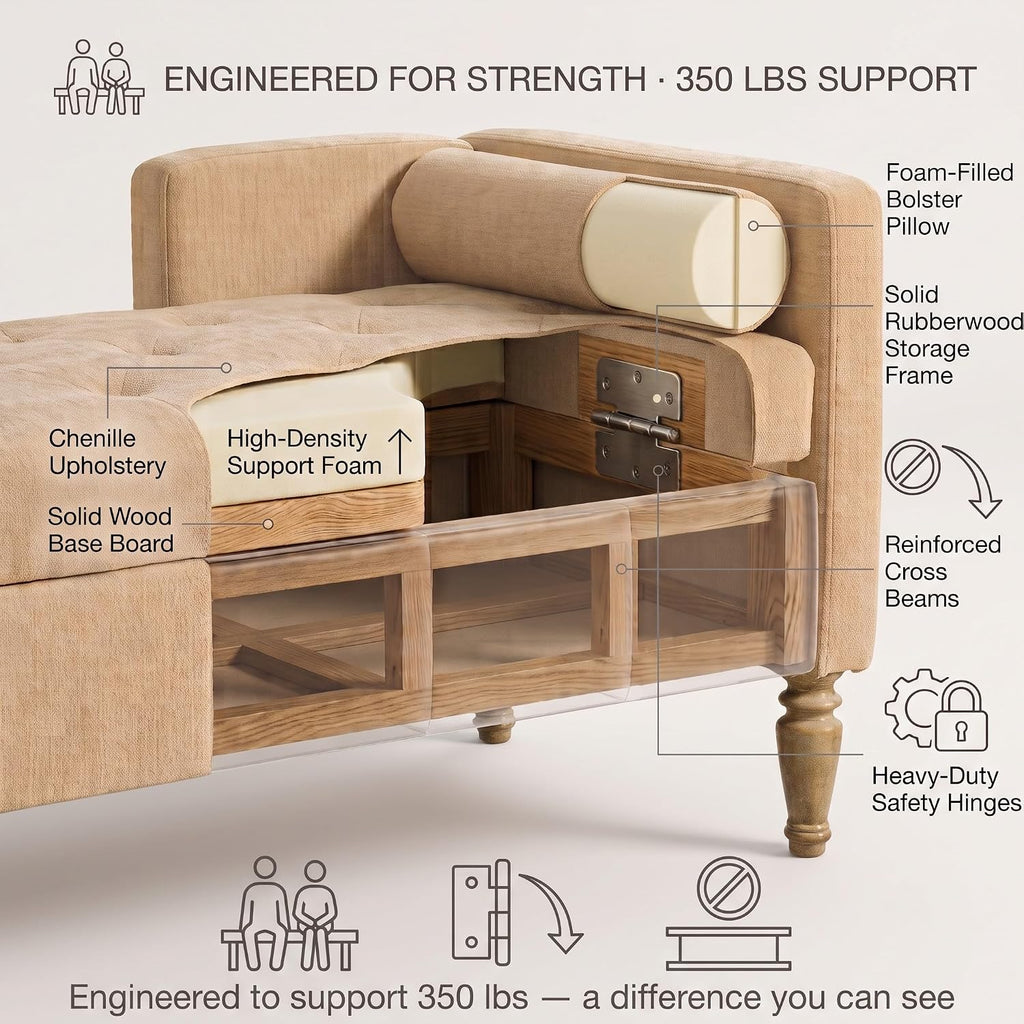 64.6" End of Bed Storage Bench, Diamond Tufted Chenille | 64.6"W × 22.08"D × 22.08"H, Camel, 350 lbs capacity