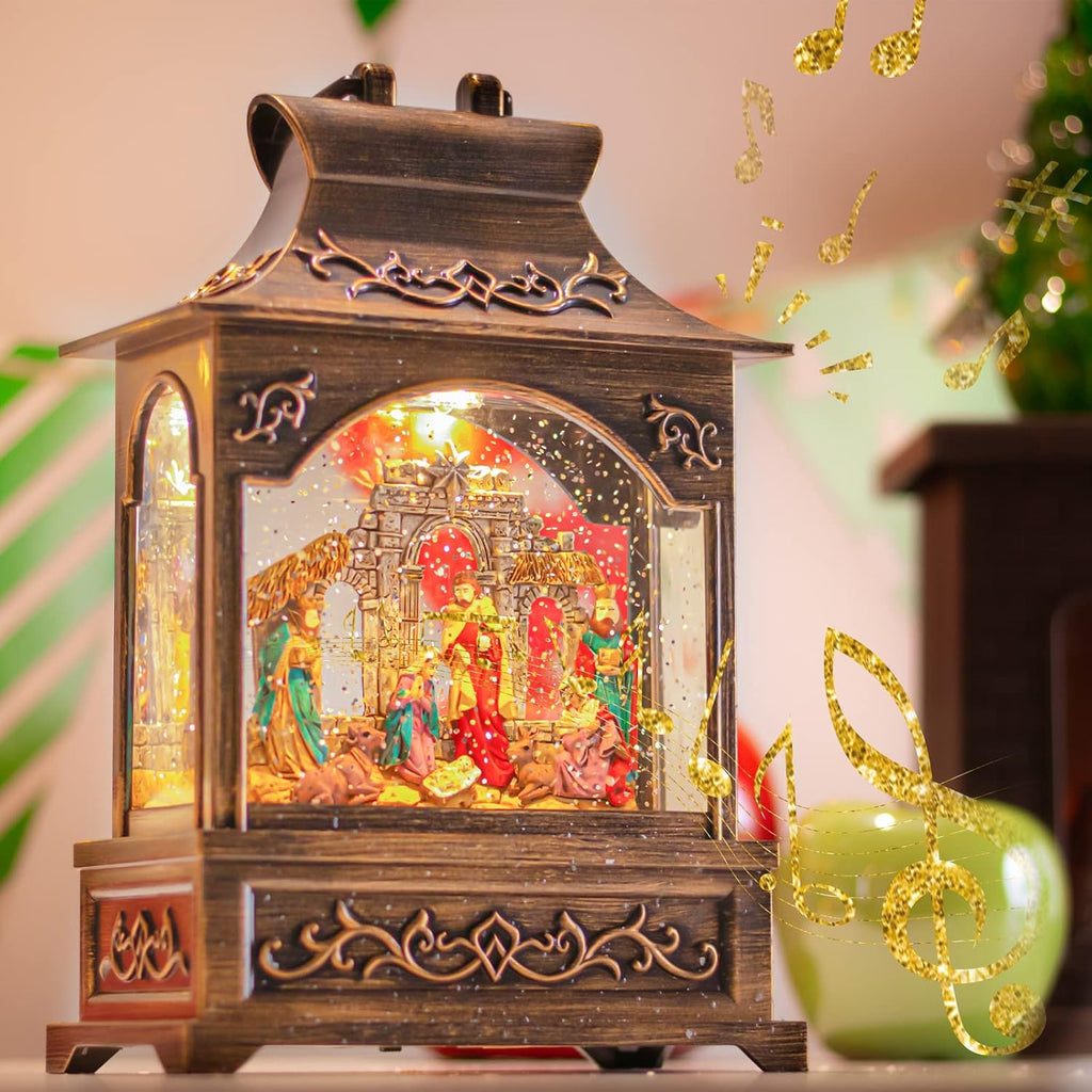 Christmas Nativity Snow Globe Lantern with Music Lights Swirling Glitter
