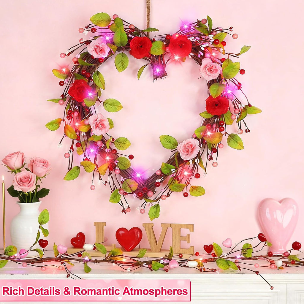 Valentines Day Wreath Decor with 20 Red and Pink Lights Timer, 18 Inch Valentines Wreaths for Front Door Rose Berry