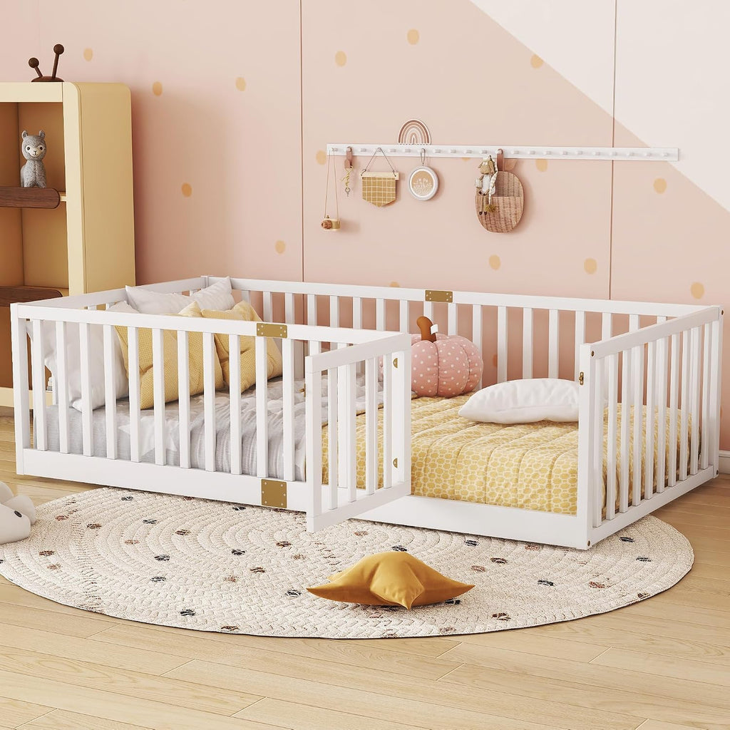 Twin Size Floor Bed with Slats and Door, Twin Size Montessori Floor Bed with High Fence, Low Profile Montessori Beds