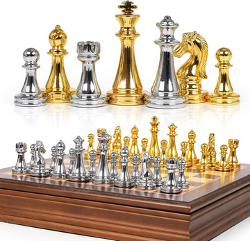 12-Inch Metal Chess Set with Wooden Board for Kids and Adults, Gold & Silver Chess Pieces, Portable Small Chess Board