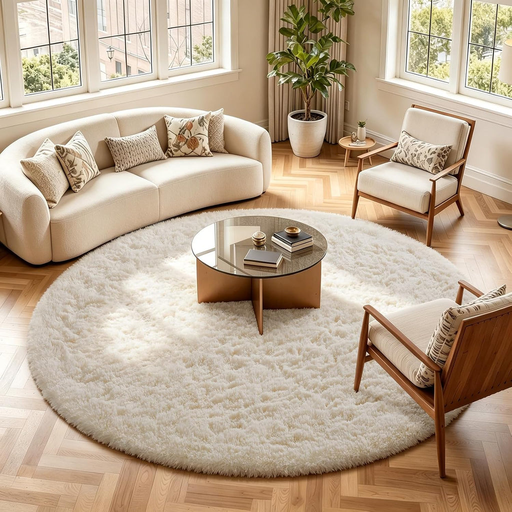 Round Rugs 8Ft Ivory Circle Area Rug Washable, Large Living Room Aesthetic Decor, Fluffy Fuzzy Bedroom Big - Set of 99