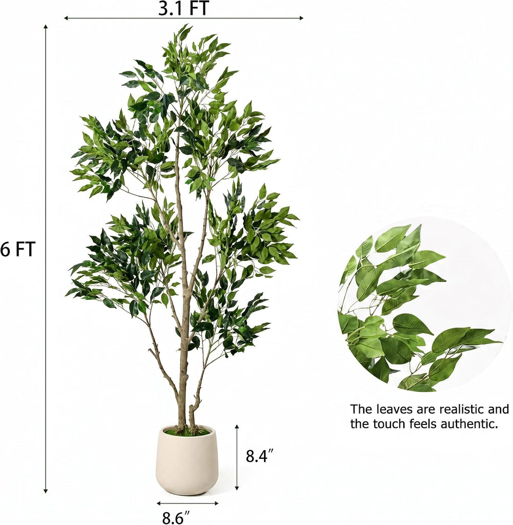 6FT Artificial Ficus Tree, Large Faux Fig Tree with Realistic Silk Leaves & Natural Wood Trunk, White Planter