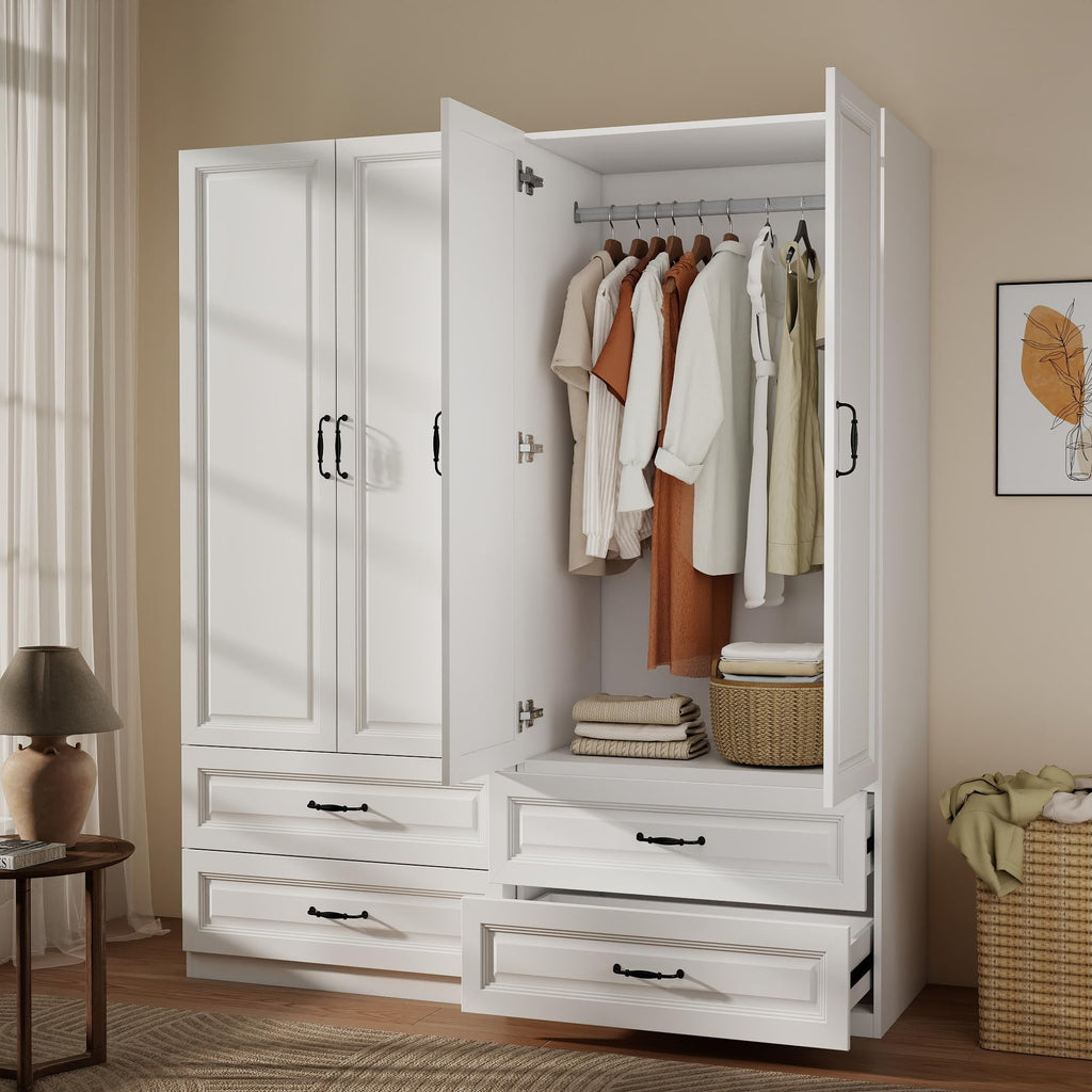 White Armoire Wardrobe Closet with 4 Drawers, 75" Tall x 63" Wide