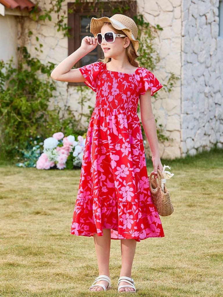 Girls Summer Dress Kids Square Neck Ruffle Sleeve Smocked Midi Dresses with Pockets