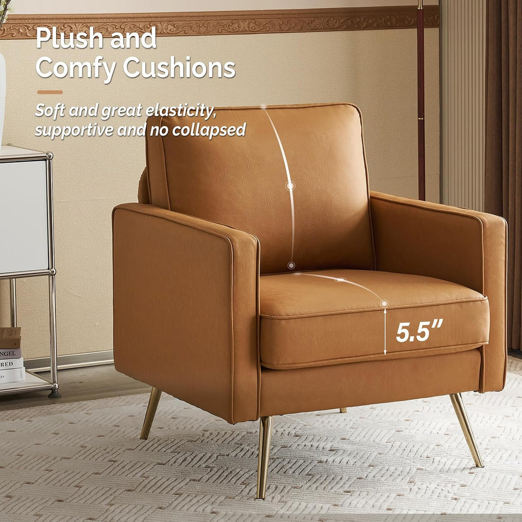 PU Leather Accent Chair Brown Mid Century Modern Upholstered Sofa Chairs with Arms, Gold Legs