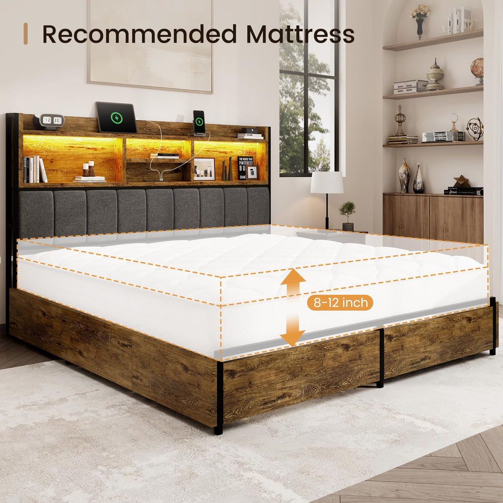 Bed Frame with 6 Storage Drawers, Linen Upholstered Headboard, Built-in USB Charging Station & LED Lighting