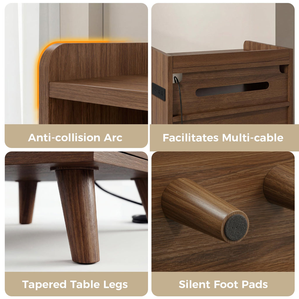 Record Player Stand with Power Outlets, Vinyl Storage Cabinet, Brown