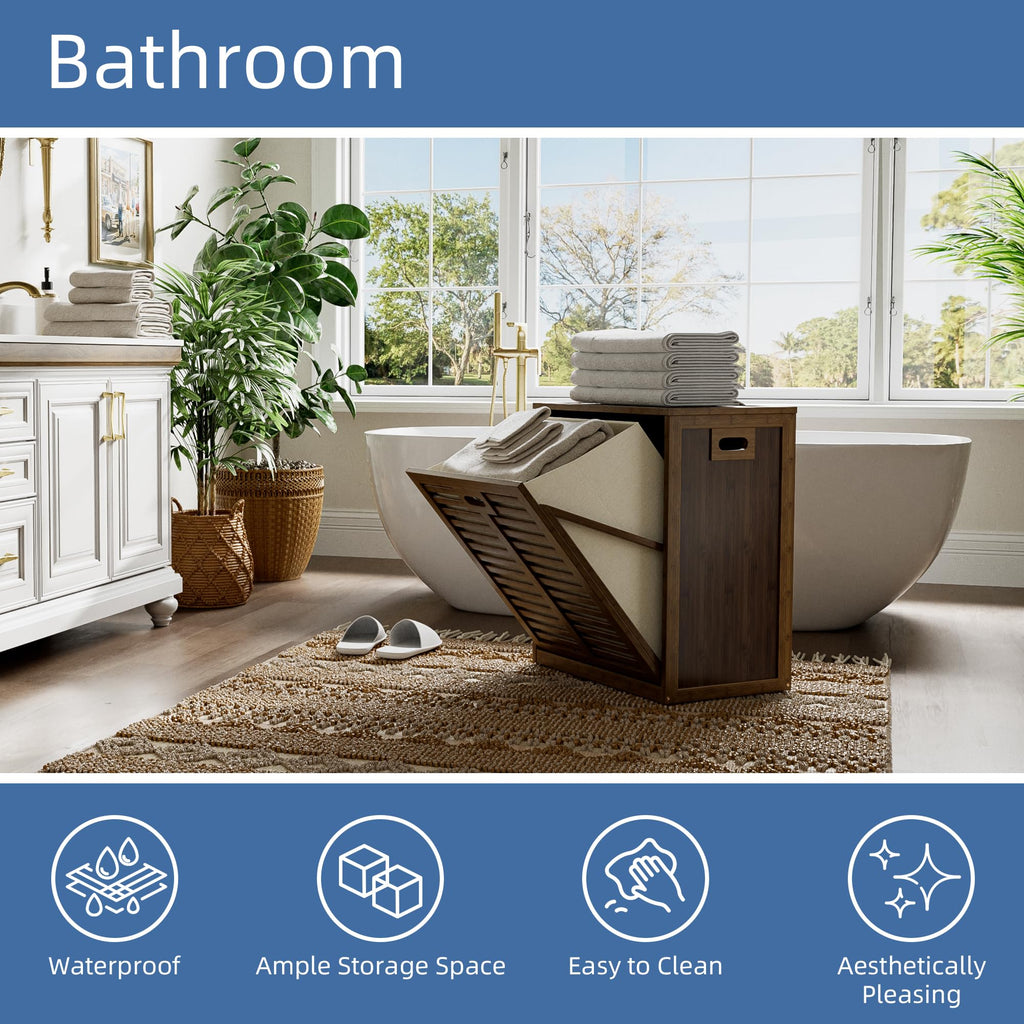 Bamboo Tilt Out Laundry Hamper, Bathroom Storage Cabinet with Hidden Removable Basket and 3 Sides Cutout Handles