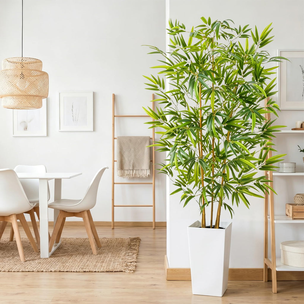 6FT Artificial Bamboo Tree with White Tall Planter, Faux Tree Indoor