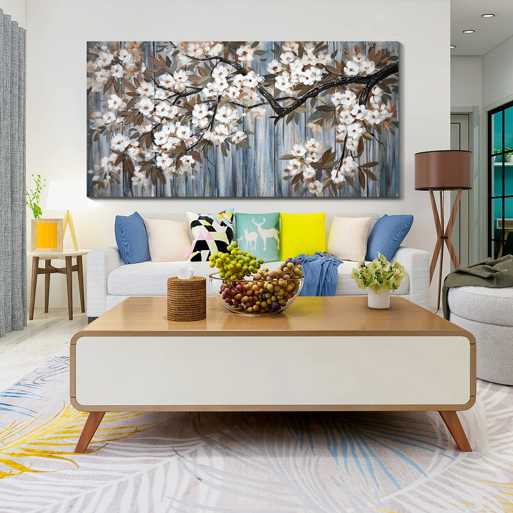 Large Canvas Wall Art Wall Decor Abstract White Flower Tree with Gray Driftwood Picture Modern Framed Canvas Prints