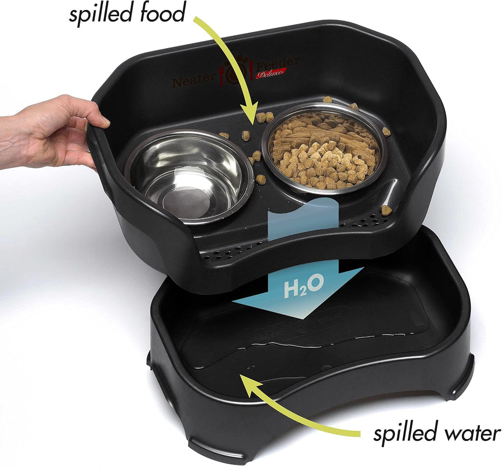 Feeder Deluxe Mess-Proof Elevated Dog Bowls for Large Dogs (40+ lbs), 2 Height Adjustable (14.5" & 17.5") No-Spill