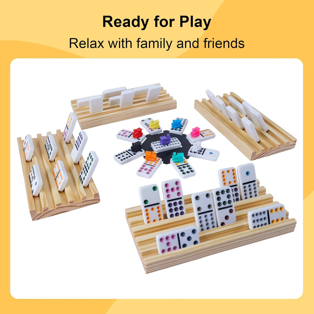 Double 12 Mexican Train Dominoes Set for Adults with Wooden Holders, 9 Train Markers, 91 Color Dot Tile Dominos - Set of 8