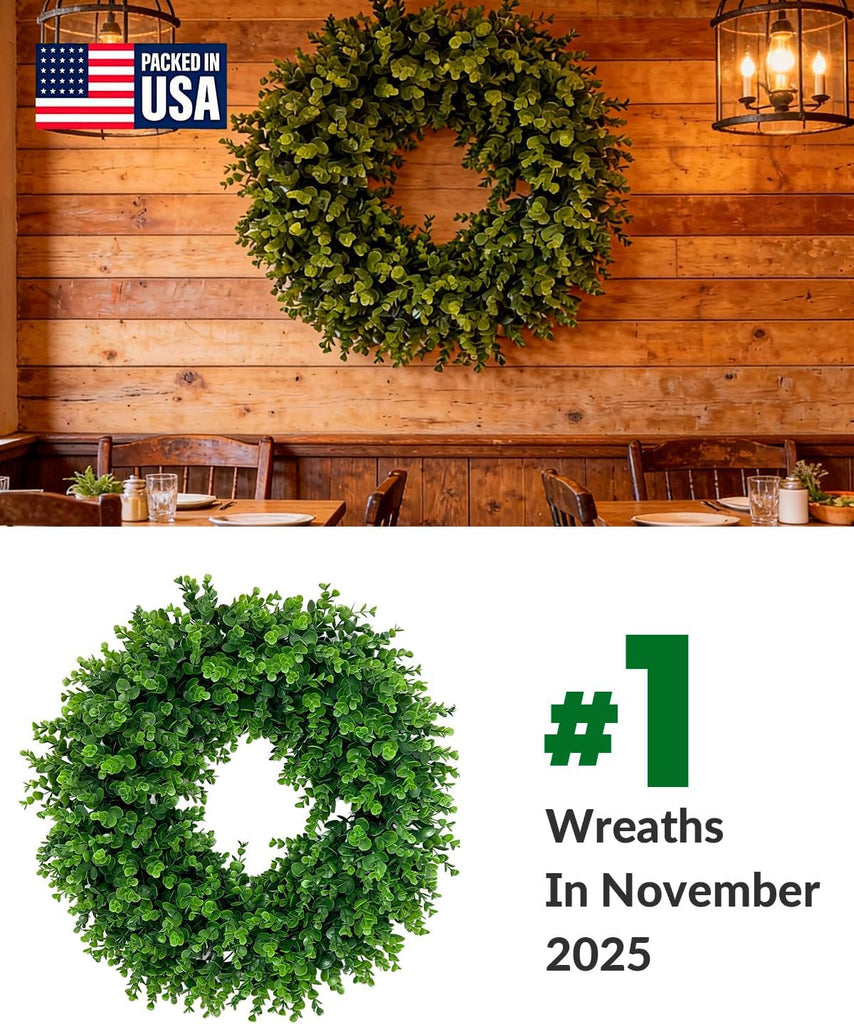 24" Artificial Boxwood Wreaths for Front Door, Aux Round Boxwood Wreath, All Season Indoor Outdoor Decoration - Set of 2
