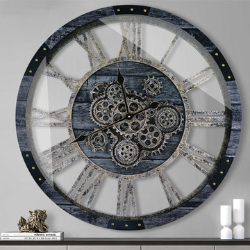 24 Inch Industrial Steampunk Wall Clock, Oversized Solid Wood Frame, Battery Operated, Large Wall Clock with Real