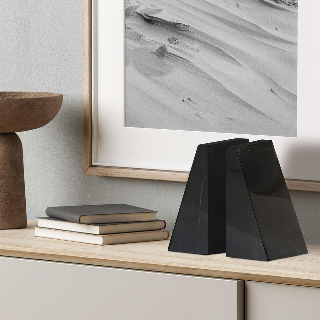 Premium Polished Stone Marble 6" Book Ends for Bookshelf Decor, Home, Office or Kitchen Shelves. Heavy, Triangular
