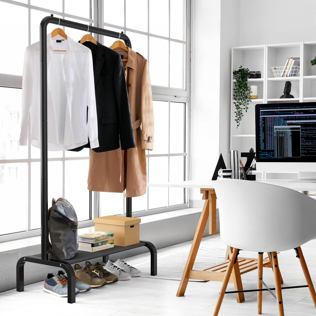 30" W Narrow Freestanding Garment Rack with Shelves, Black