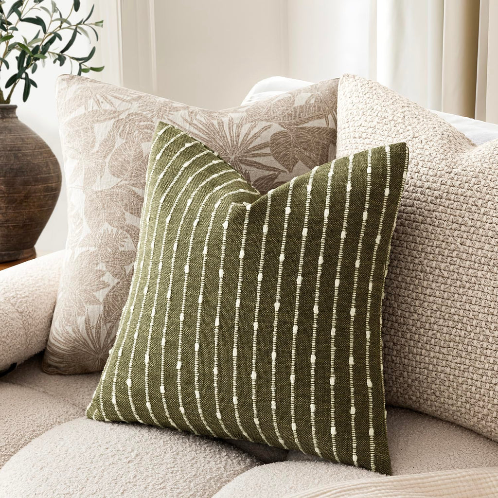 Decorative Striped Boucle Throw Pillow Covers 24x24 Olive Green