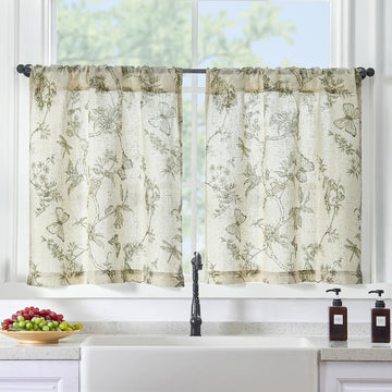 Green Floral Linen Kitchen Curtains, Linen Farmhouse Cafe Rustic Country Small Curtains Rod Pocket Tiers