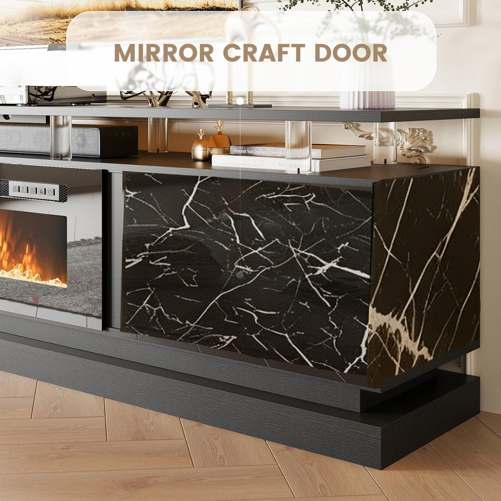 80" Modern Fireplace TV Stand Entertainment Center, Marble Black