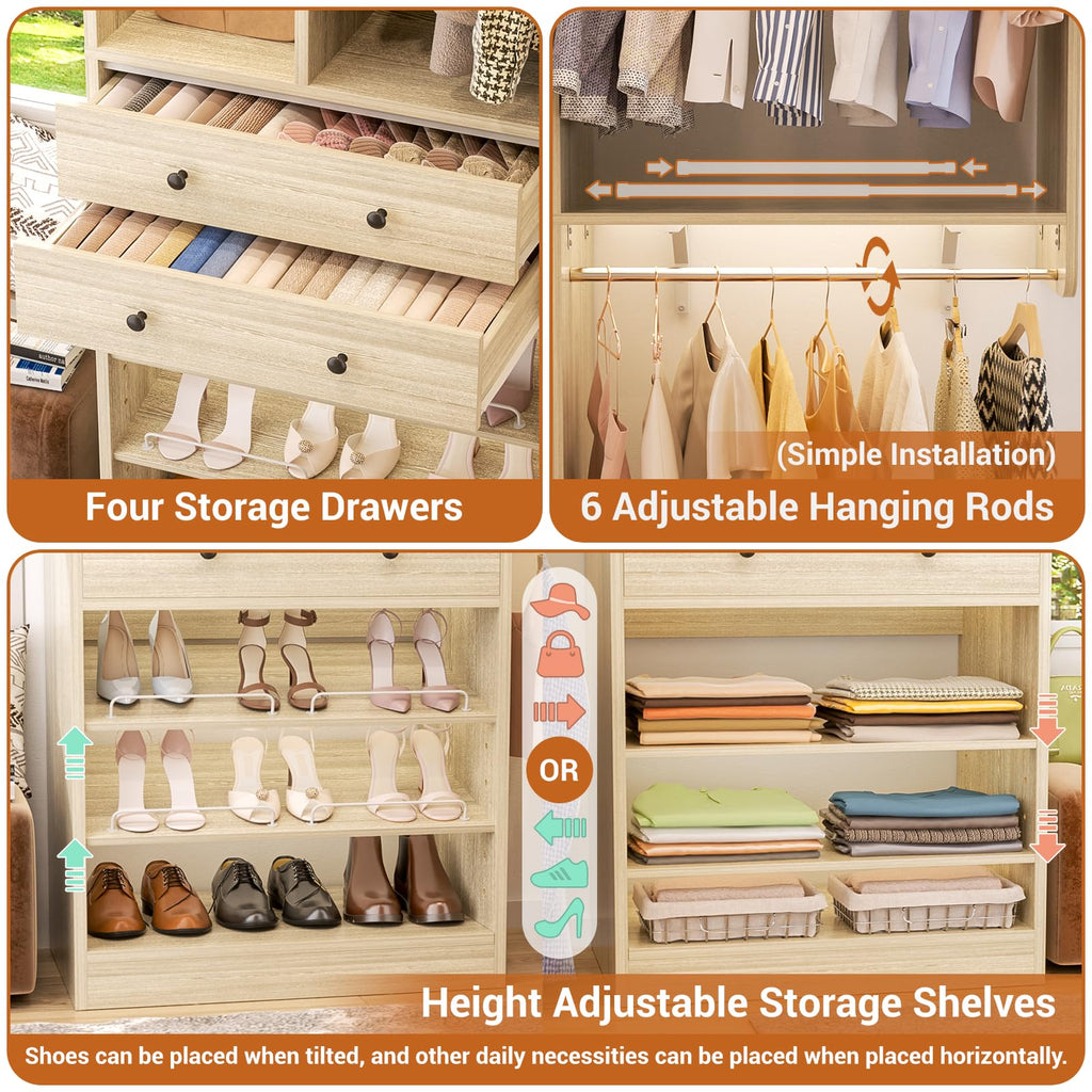 Closet System, Up to 128.6"/10.7 FT Closet Organizer with 4 Wooden Drawers and Shelves, Walk-in Closet System with 6
