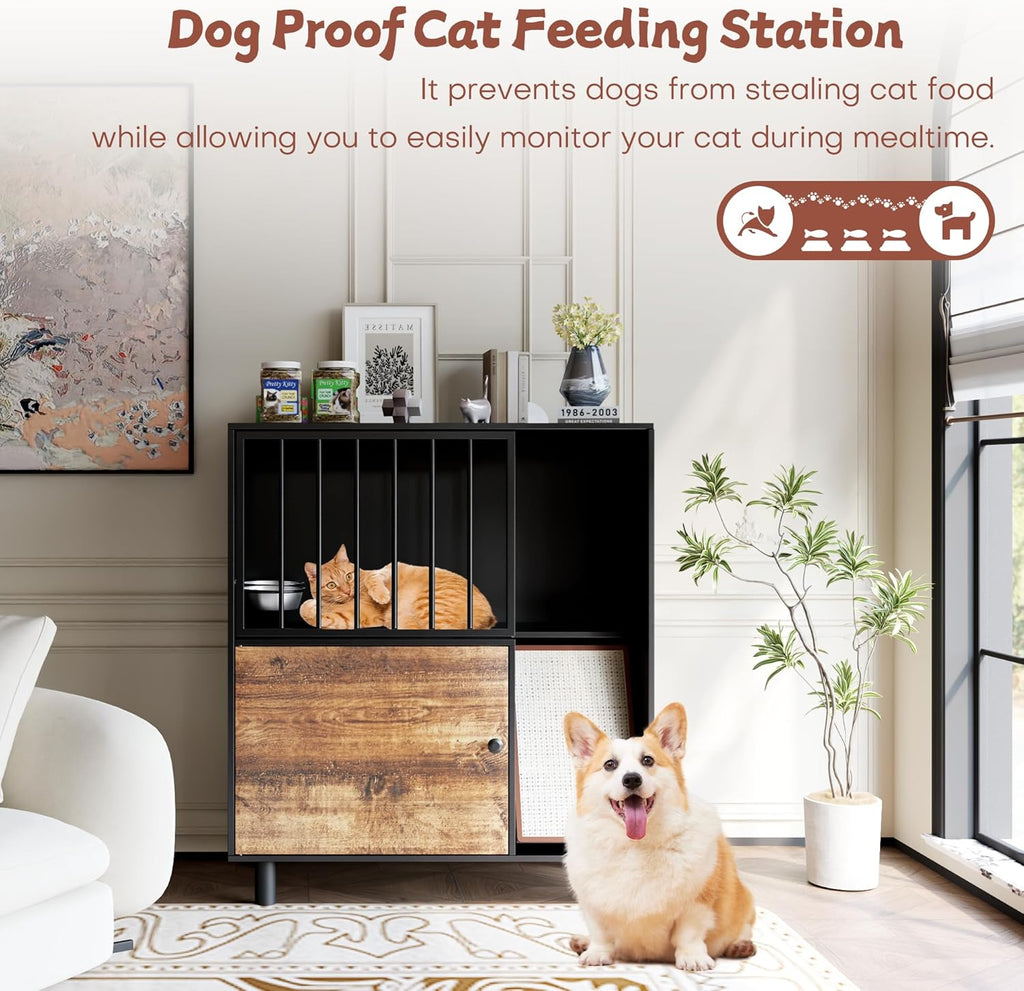 Dog Proof Cat Feeding Station, Cat Feeding Station Furniture with Storage and Cats Scratching Board, 2 Raised Pet