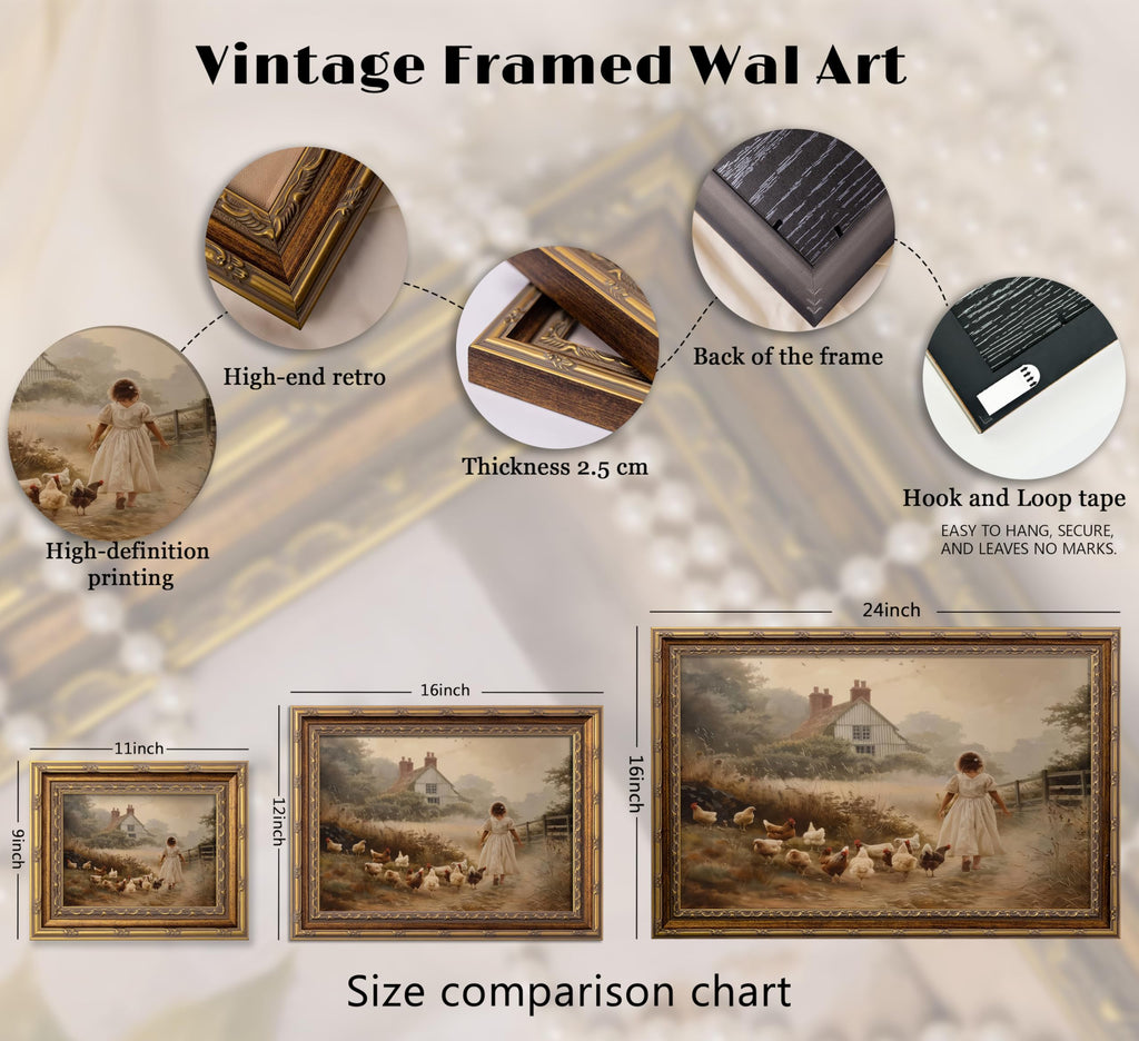 Vintage Gold Framed Farmhouse Wall Art Retro Country Farm Girl with Chicken Canvas Wall Decor Rustic Pastoral Scenery